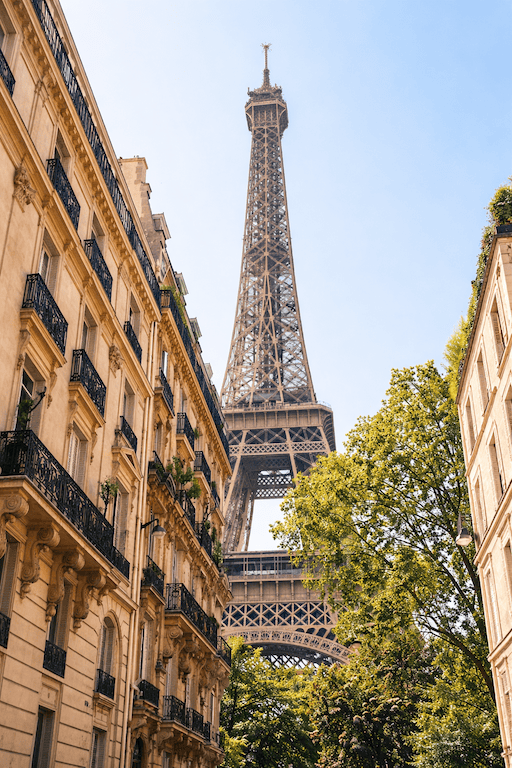 Eiffel Tower on a sunny Parisian street