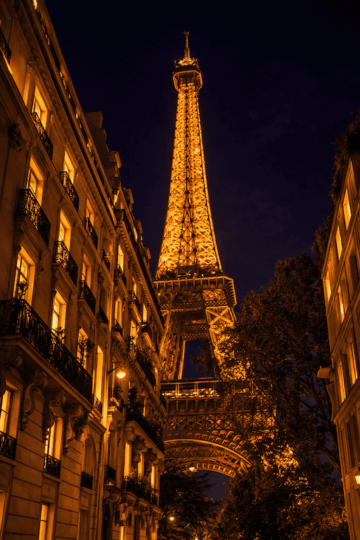Eiffel Tower lit up at night